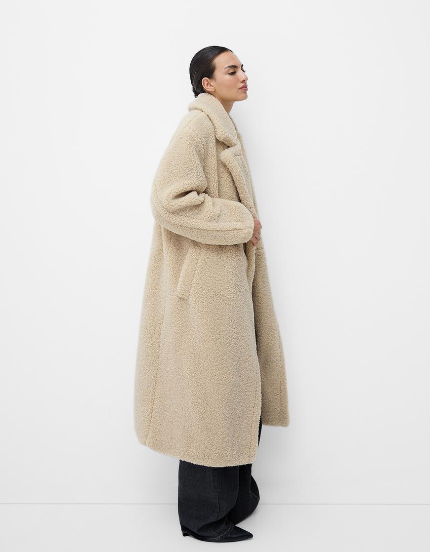 Women's Teddy Fur Oversized Winter Coat Lapel Collar Button Front
