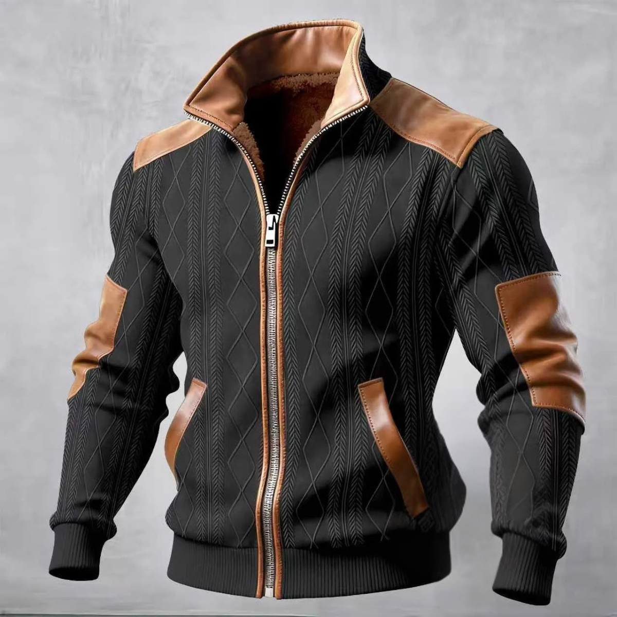 Men's Cable Knit Sweater Jacket Fleece Lined Warm Zip Up