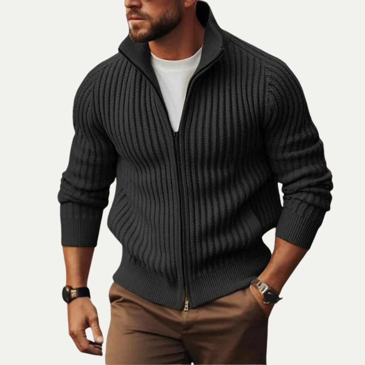 Men's Modern Knit Cardigan Warm Zip Up Stand Collar