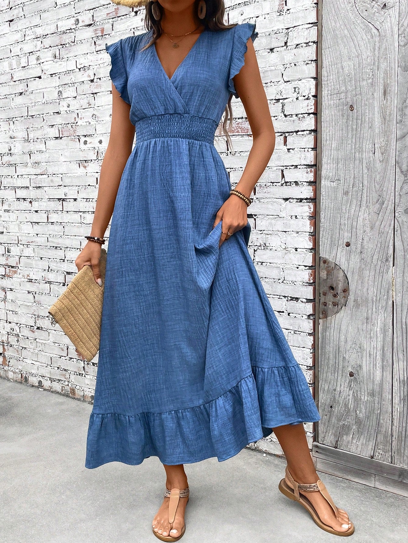 Women's Smocked Maxi Dress V-Neck Ruffle Hem - Vonnera
