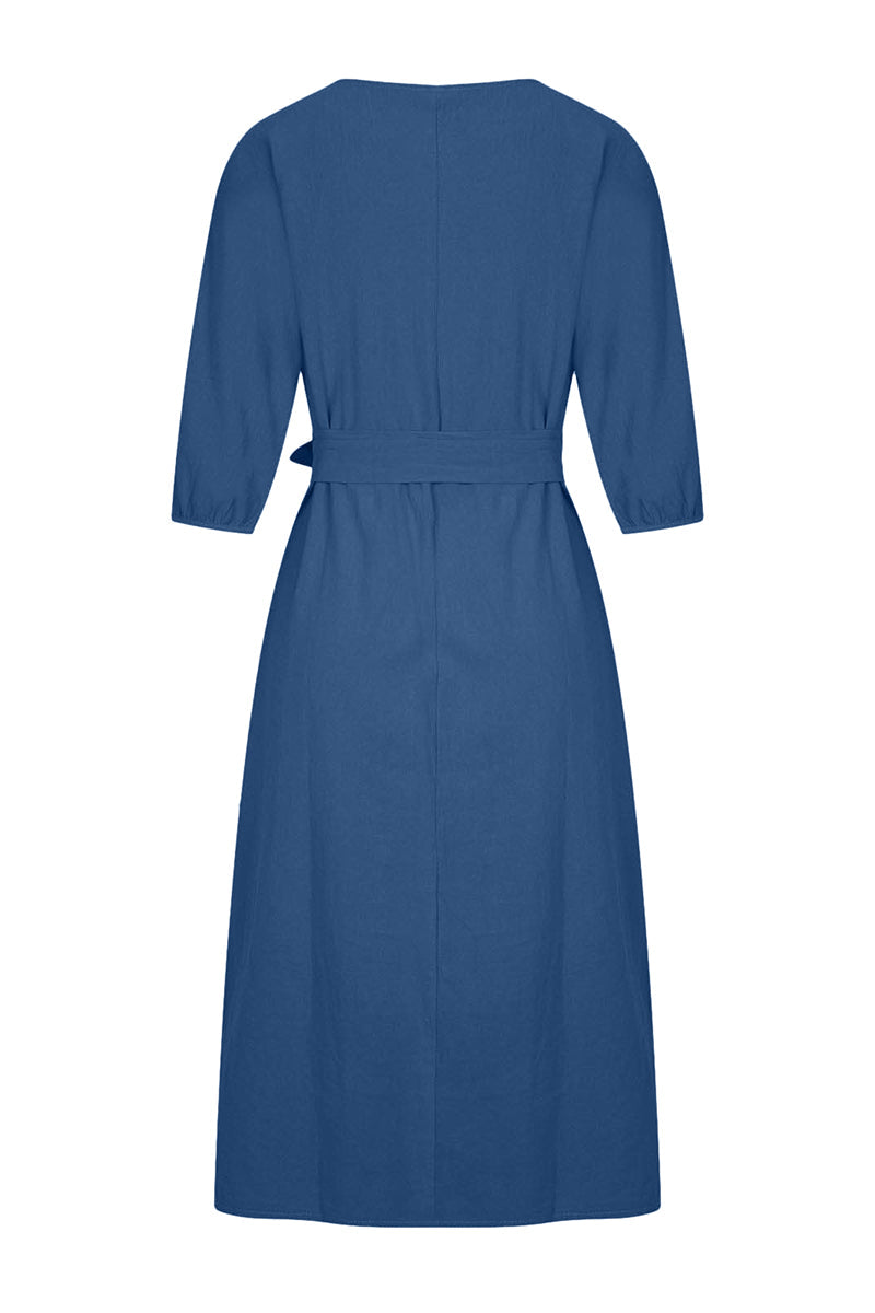 Linen Blend Women's Midi Dress Tie Waist