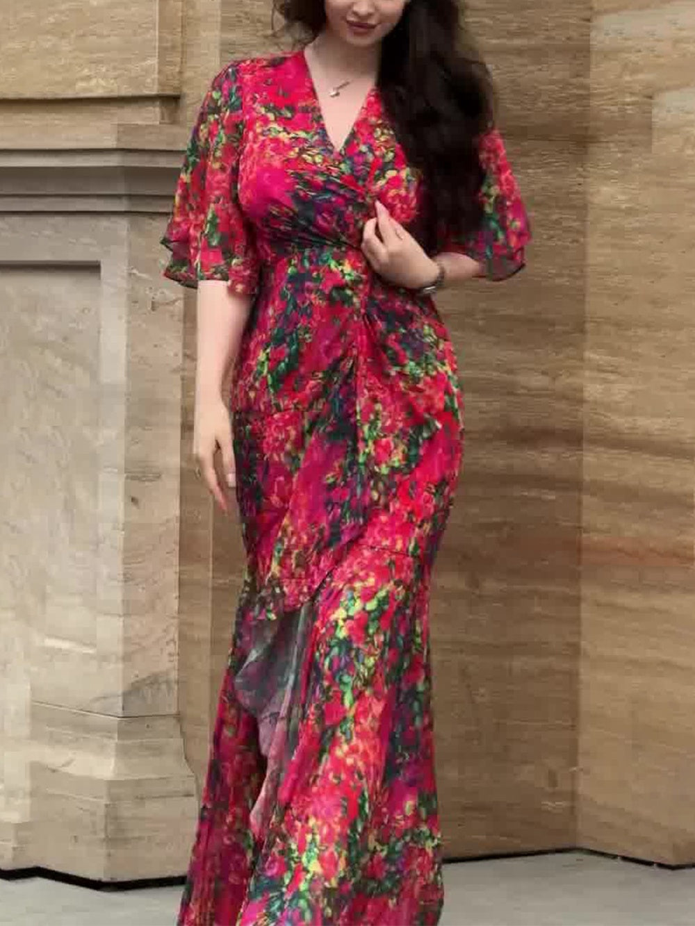 Women's V-Neck Trumpet Sleeve Printed Dress