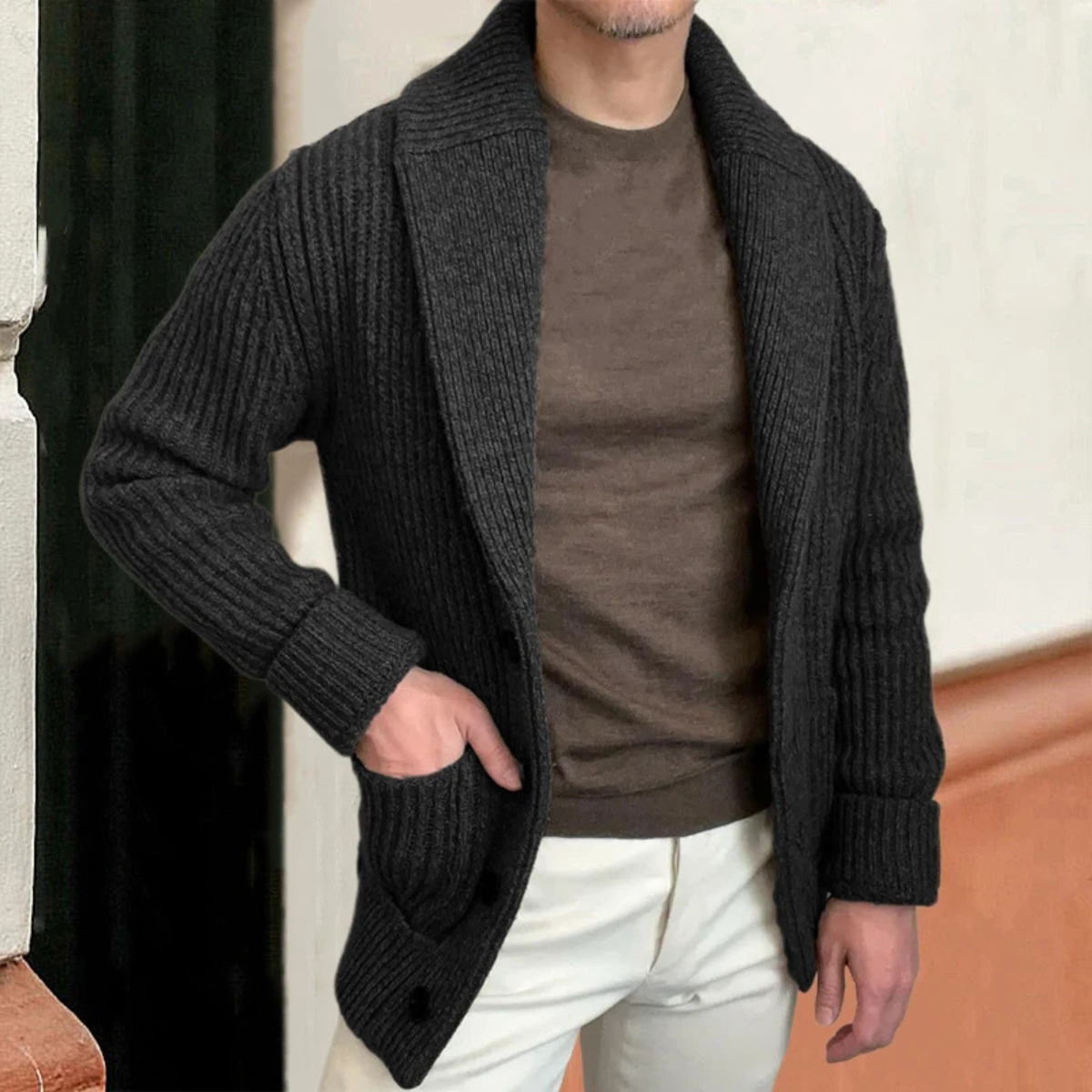 Aldercrest Men's Knitted Cardigan Chunky Button Shawl Collar