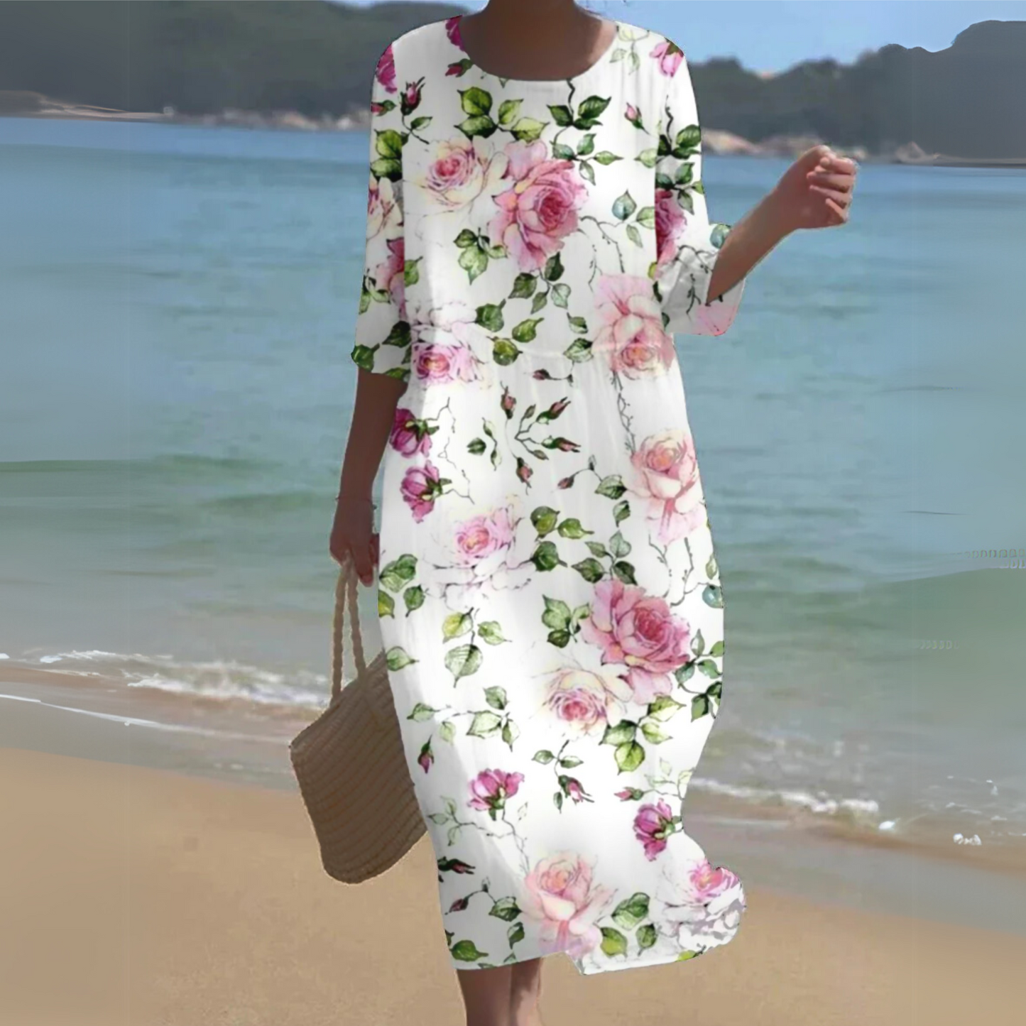 Women's Floral Round Neck Midi Dress - Vonnera