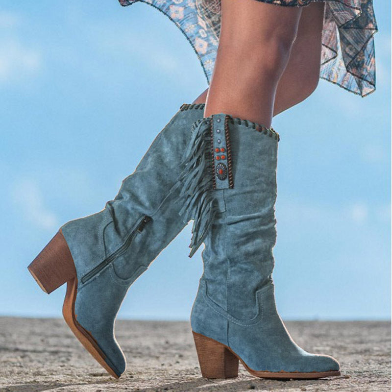 Women's Knee High Cowboy Boots Fringe Block Heel