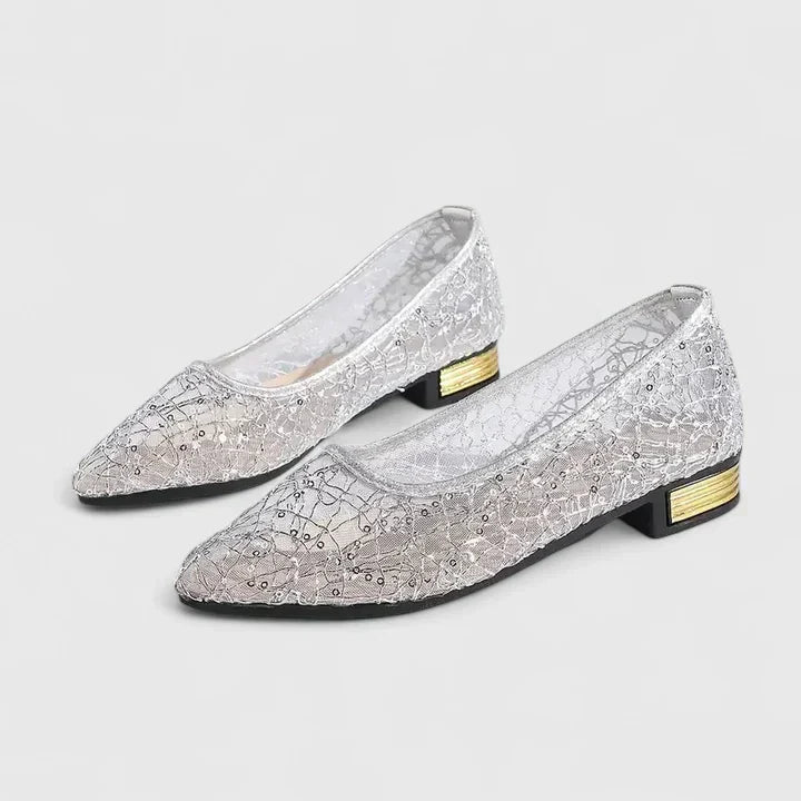 Women's Lace Pointed Toe Flat Shoes Low Block Heel