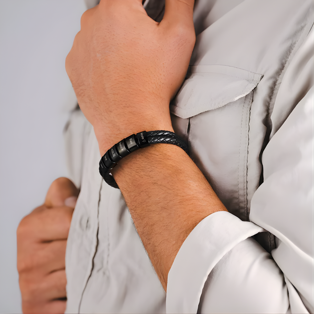 Men's Engraved Bead Black Leather Bracelet