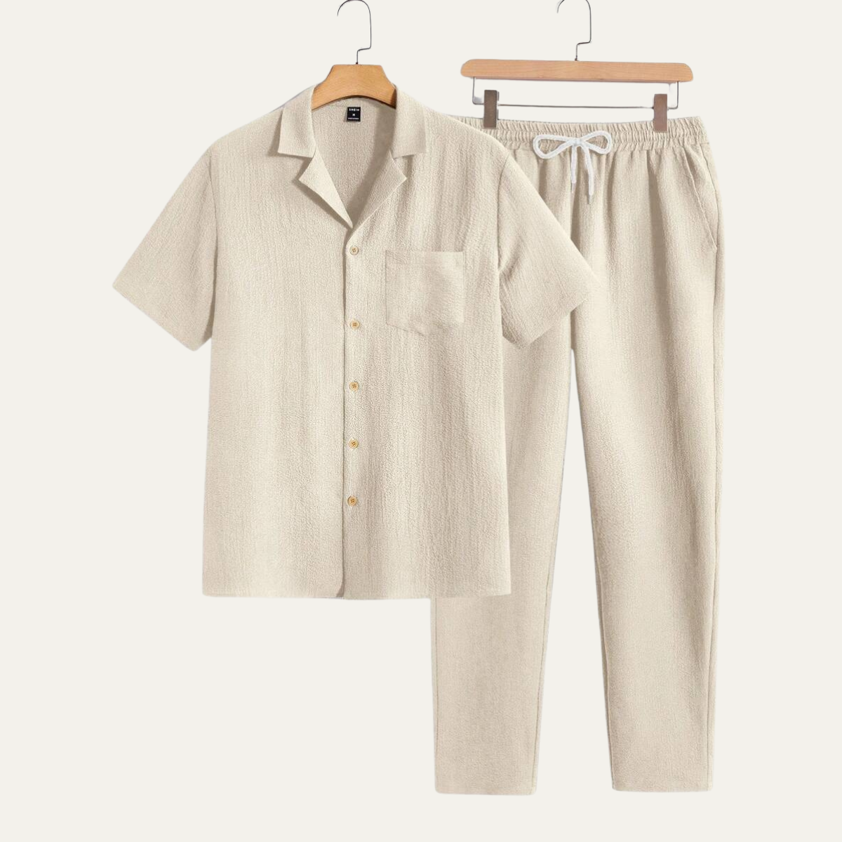 Men's Short Sleeve Shirt And Elastic Waist Trousers Relaxed Beige