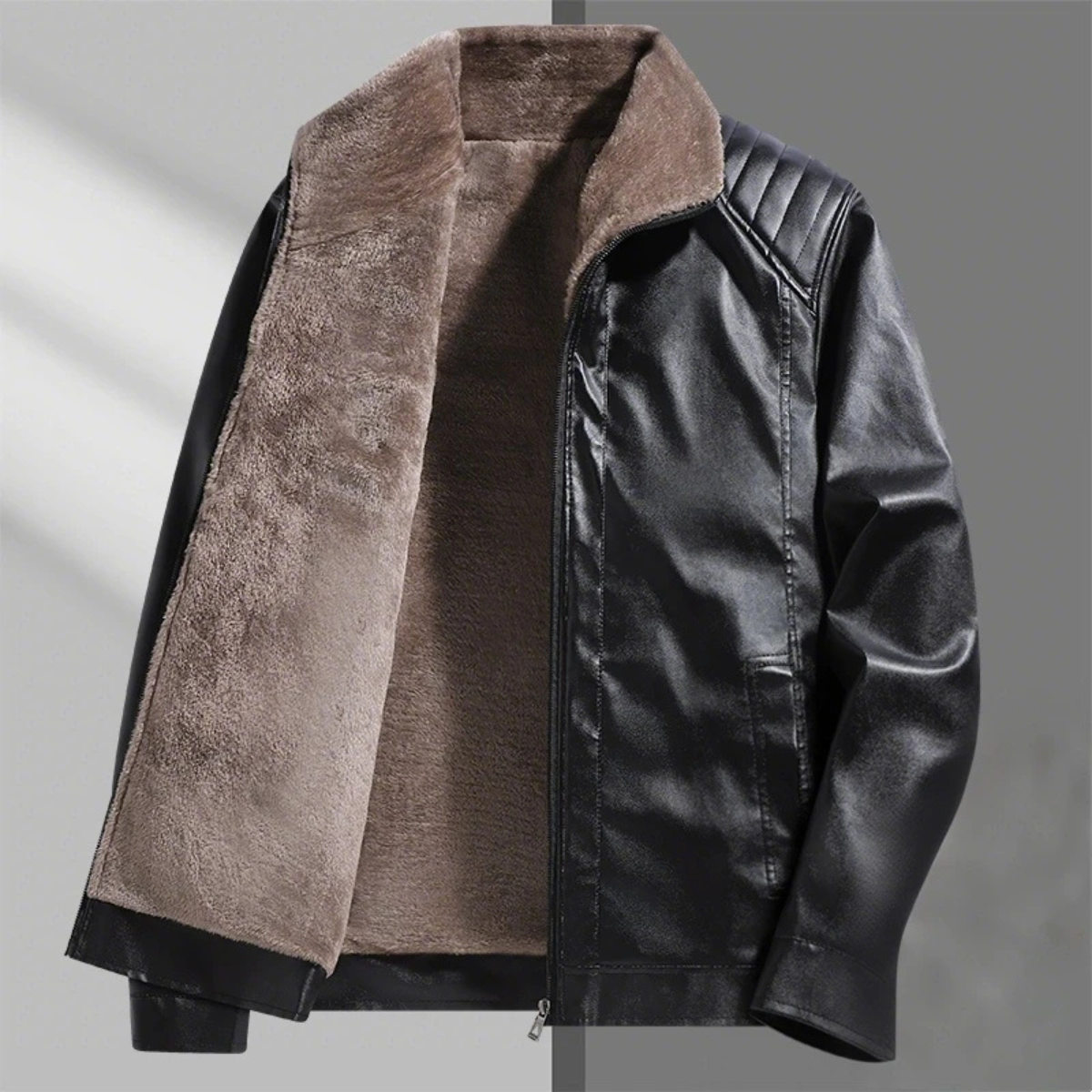 Men's Leather Zip Up Jacket Fleece Lined Coat