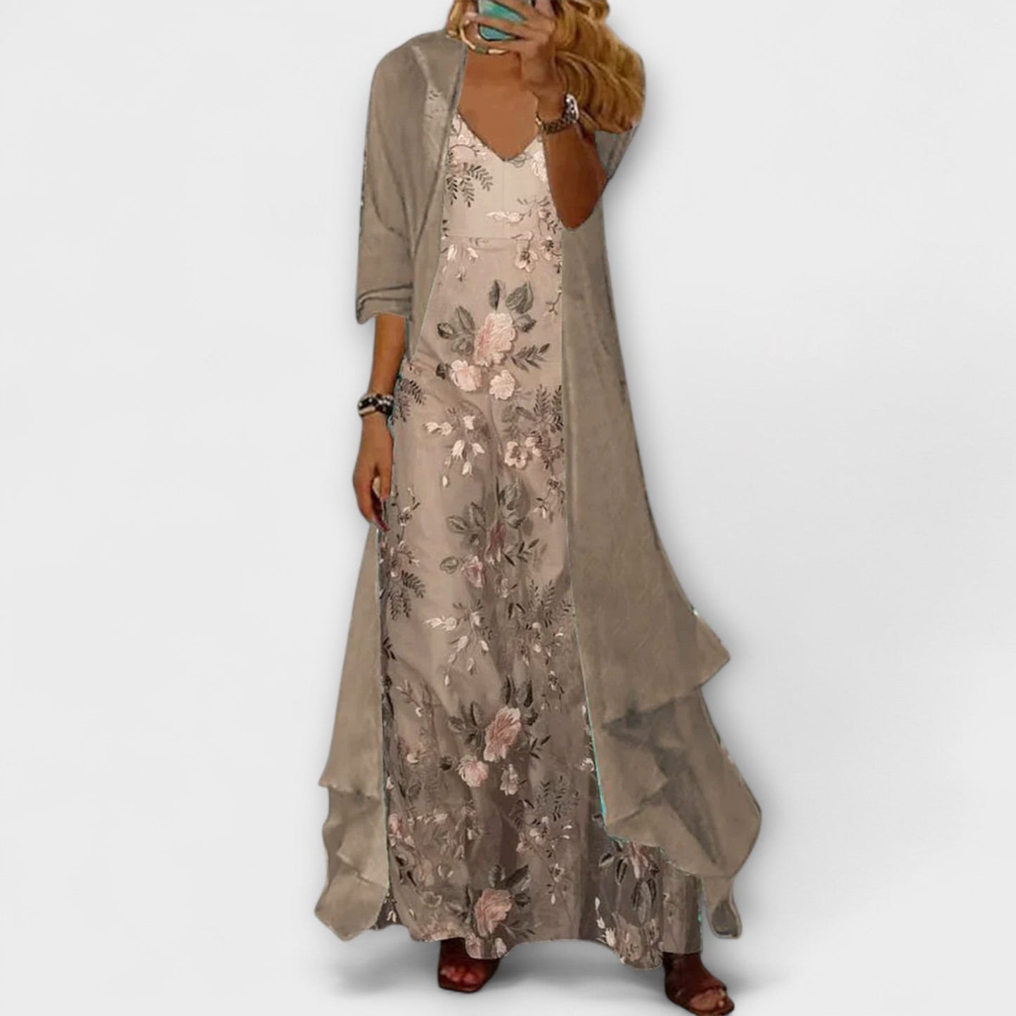 Women's Floral Maxi Dress Longline Cardigan Set - Vonnera