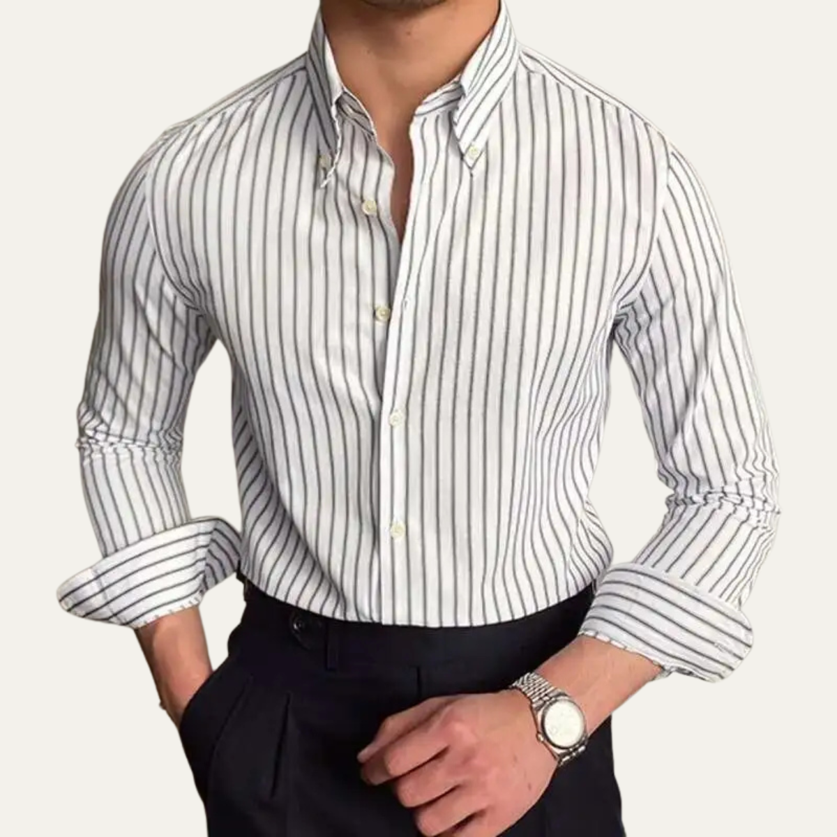 Men's Striped Dress Shirt Retro Button Down Cotton