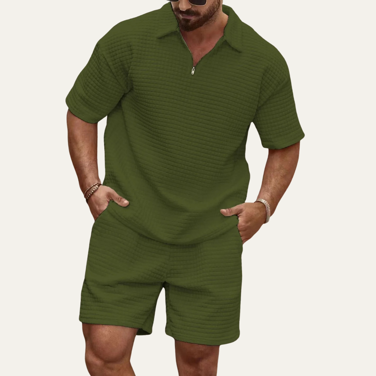 Men's Waffle Knit Polo And Shorts Set