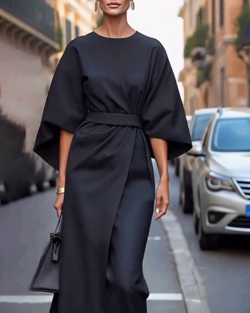 Women's Elegant Lantern Sleeve Dress with Belt