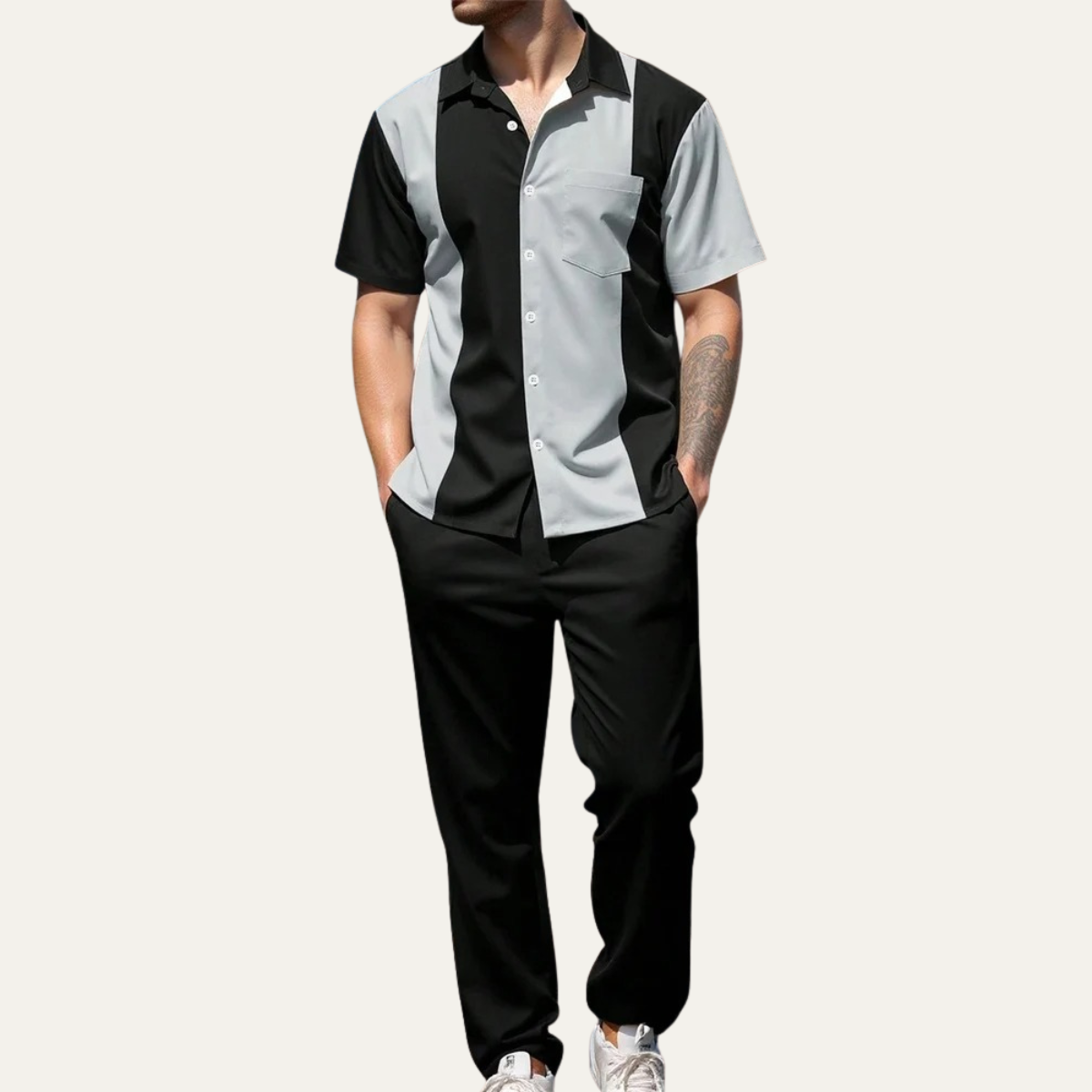 Men's Striped 2 Piece Suit Set Cotton Shirt Pants