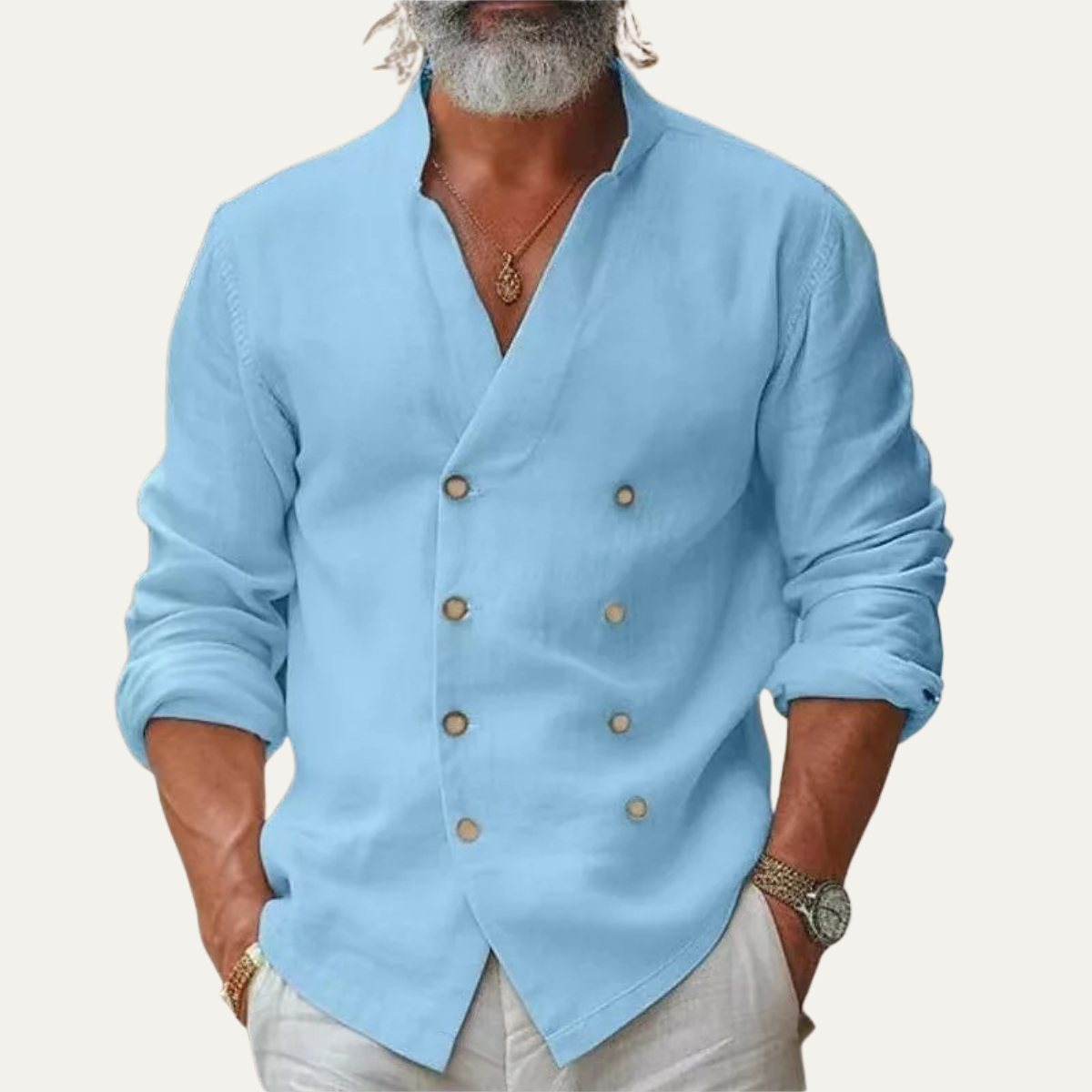 Men's Double Breasted Shirt Vintage Stand Collar Cotton