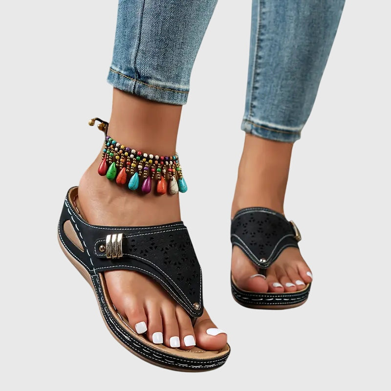 Women's Wedge Sandals Laser Cut Toe Loop Brown
