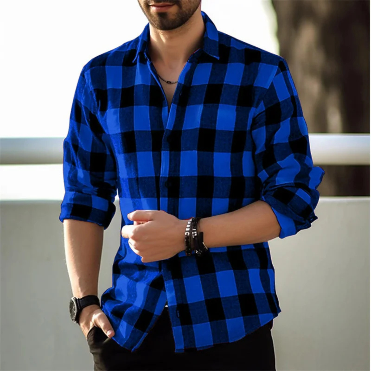 Men's Plaid Button-Up Shirt Casual Cotton