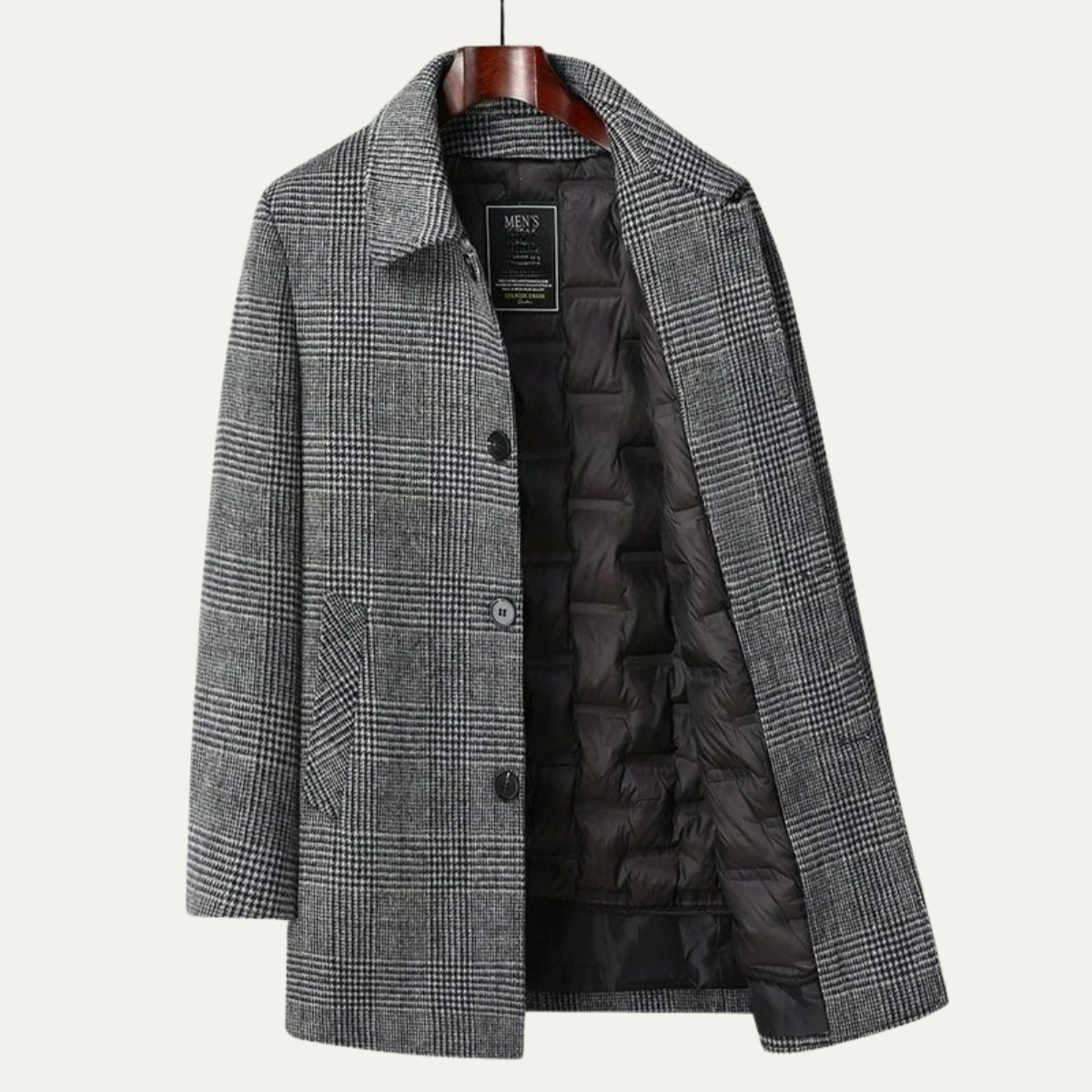 Men's Wool Trench Coat Mid Length Plaid Down Filled