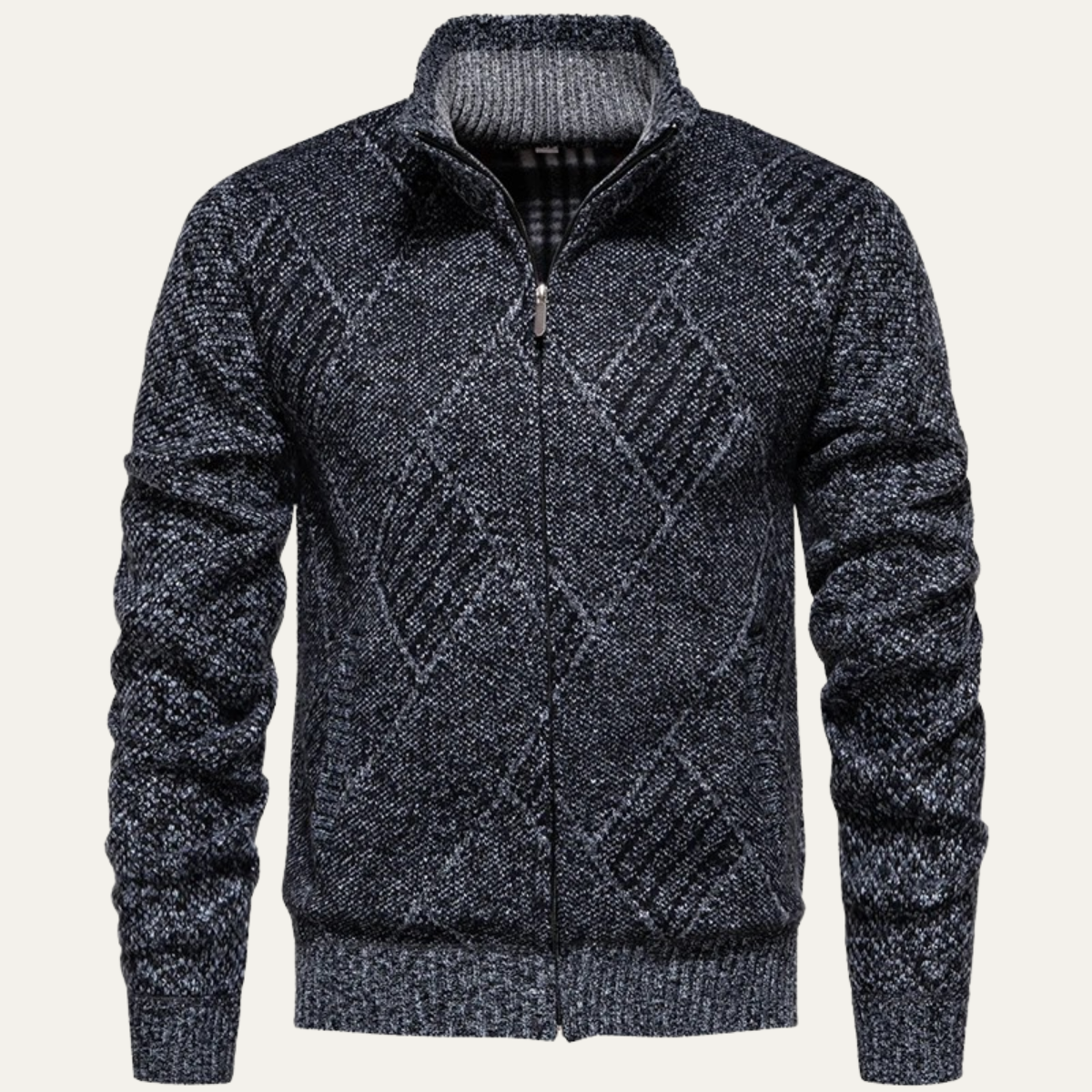 Men's Knit Fleece Cardigan Diamond Pattern Zip Front