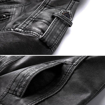Men's Leather Jacket Stand Collar Zippered Pocket Black