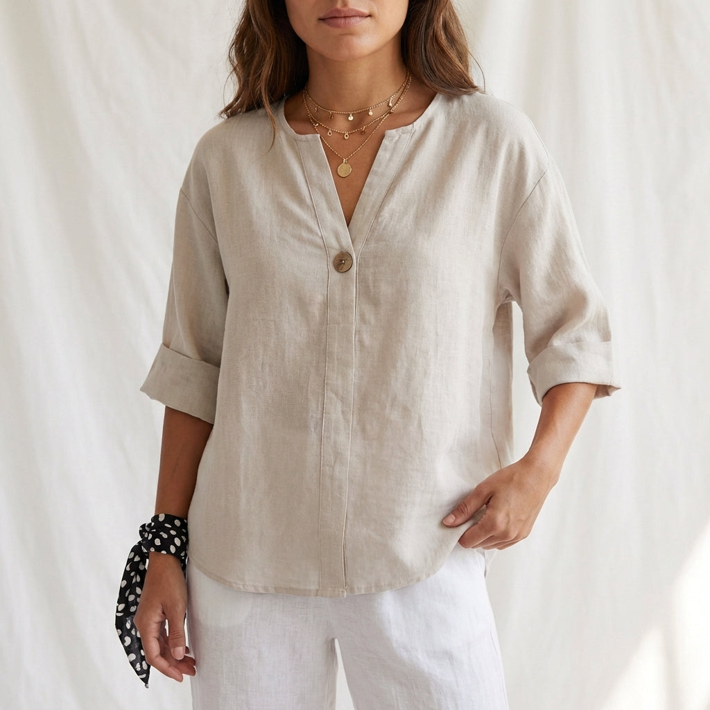 Women's Cotton Blouse V-Neck Cuffed Sleeves White