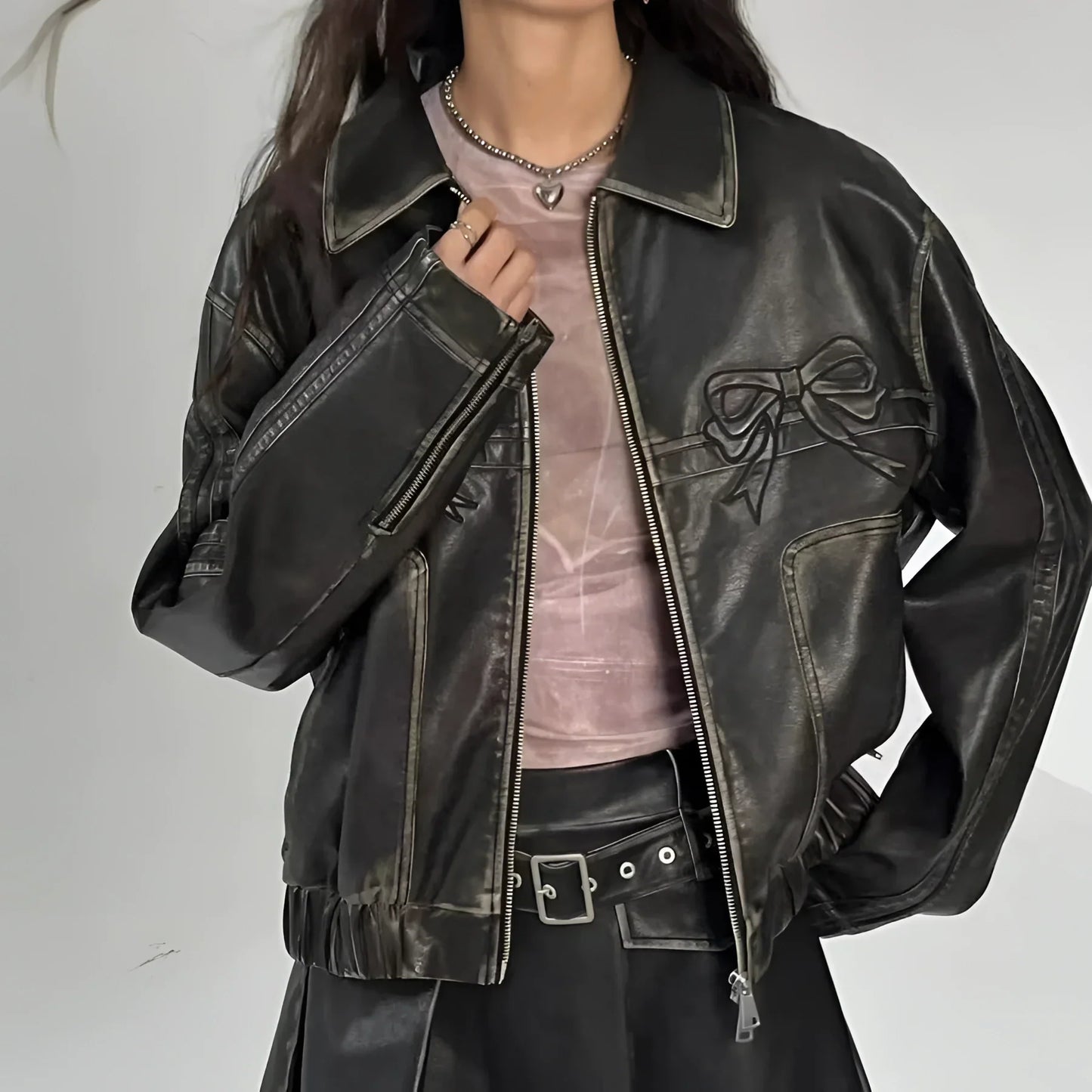 Women's Leather Jacket Bow Motif Metallic Stripes Black
