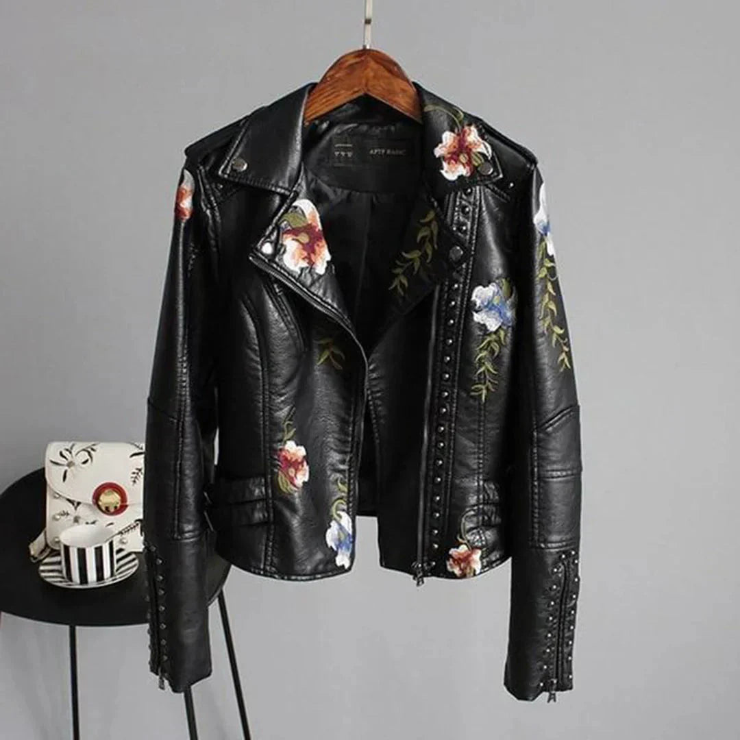 Women's Leather Bomber Jacket Embroidered Floral White