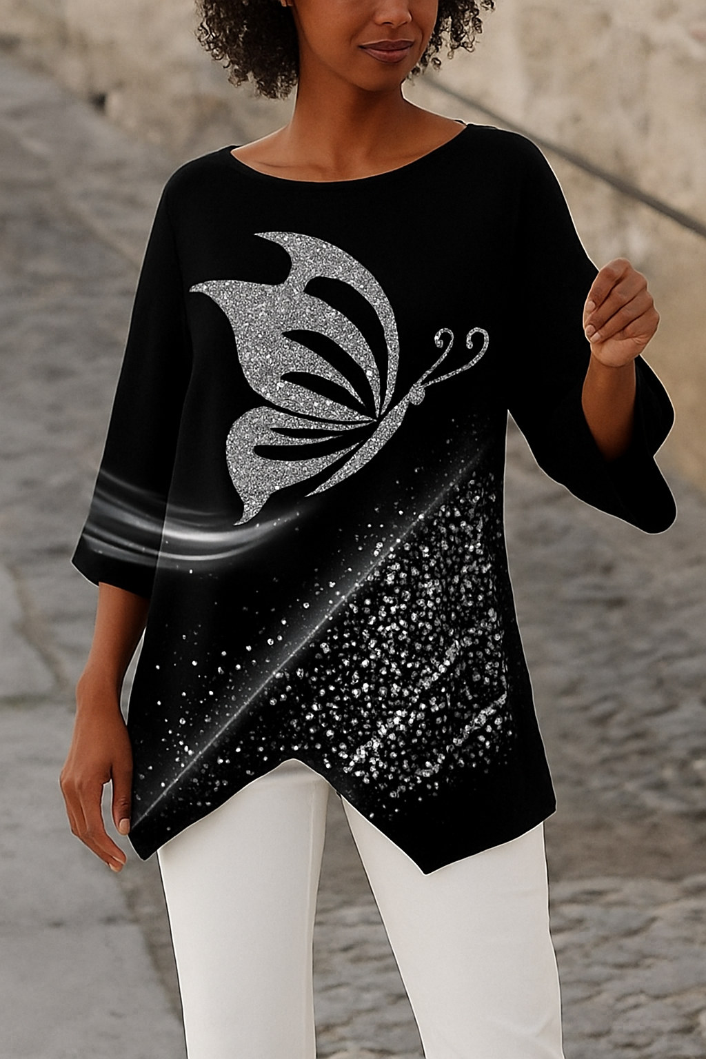 Women's Round Neck Long Sleeve Butterfly Print Blouse - Vonnera