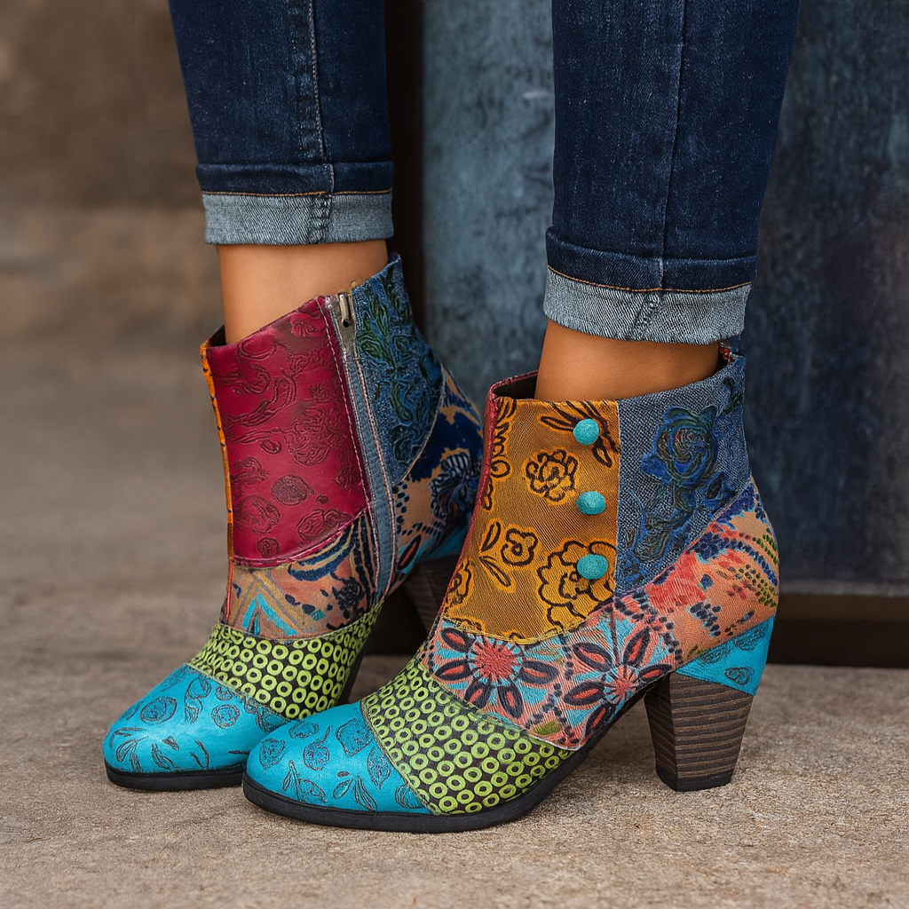 Women's Embossed Floral Leather Boots Chunky Heel