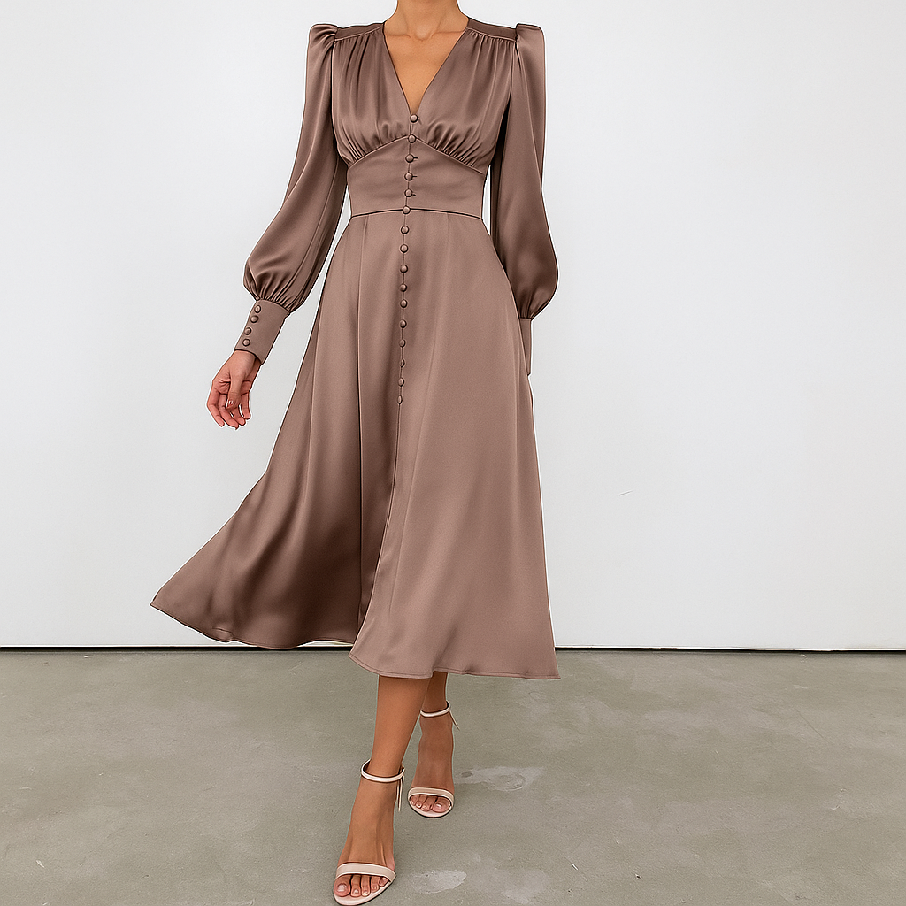 Women's V-Neck Midi Dress Puff Sleeves