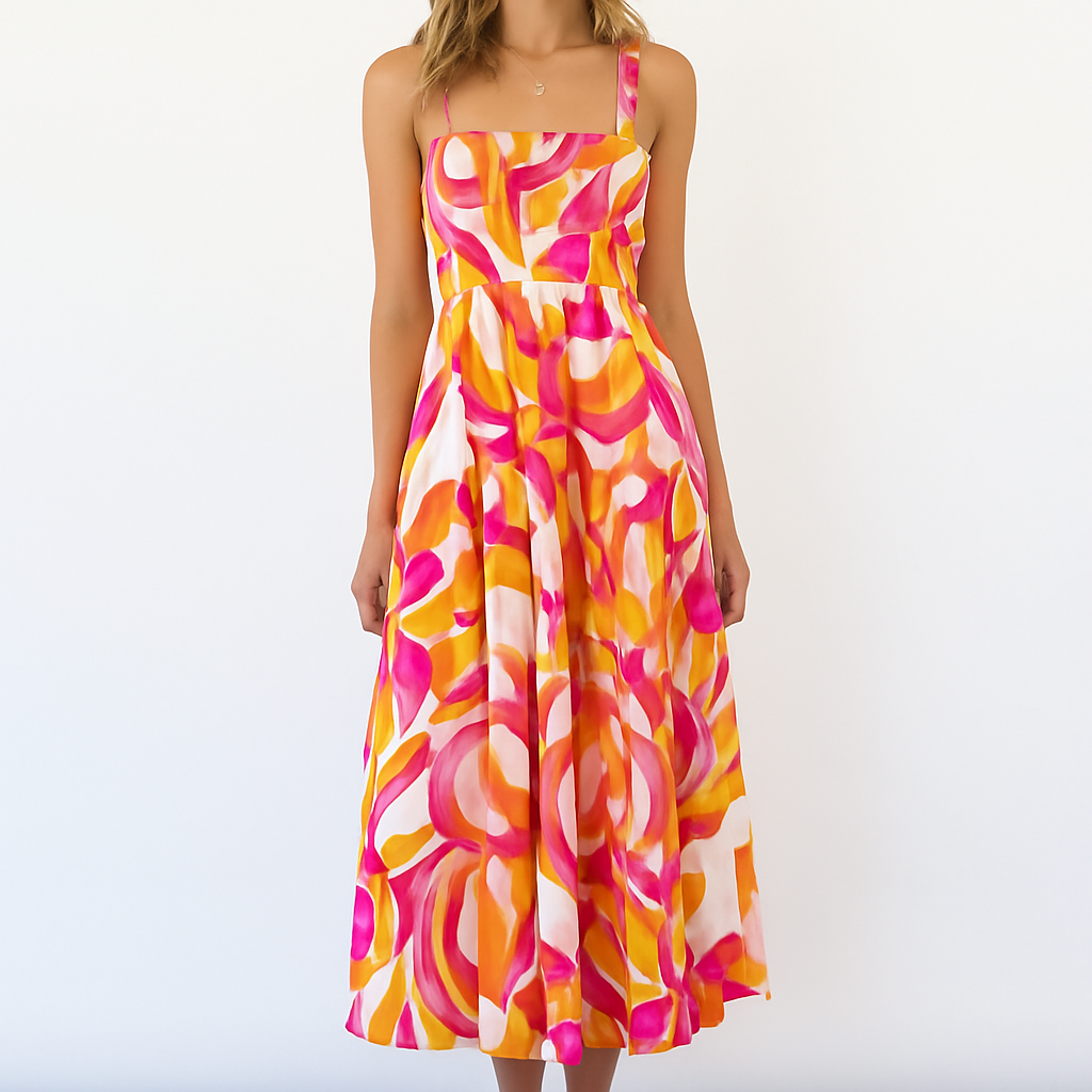 Women's Vintage Printed Spaghetti Strap Flowy Dress