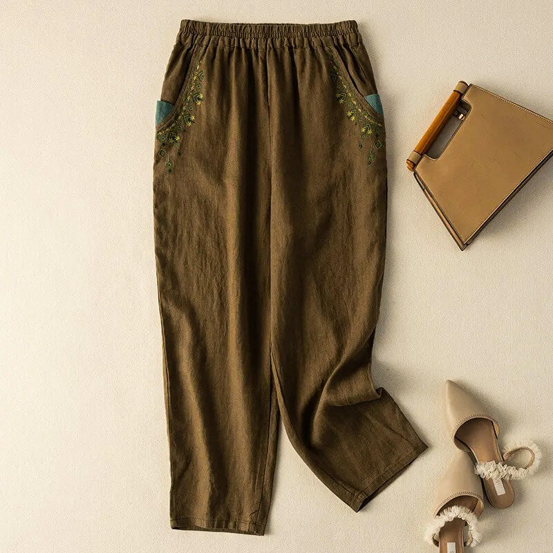 Linen Relaxed Fit Harem Pants Ankle Length Embroidered Pockets