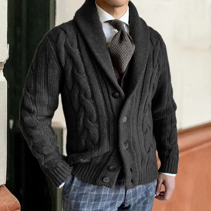 Men's Cable-Knit Cardigan Shawl Collar Button Closure