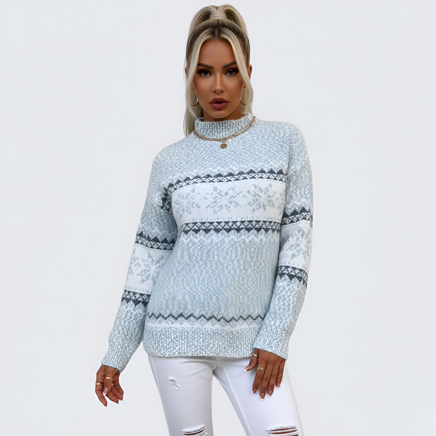 Women's Knit Sweater Mock Neck Long Sleeve Fair Isle Pattern