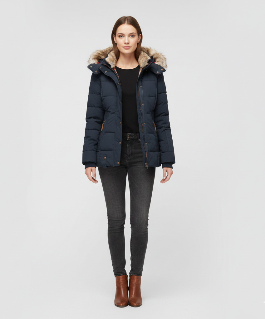 Women's Insulated Quilted Coat Hooded Faux Fur Black