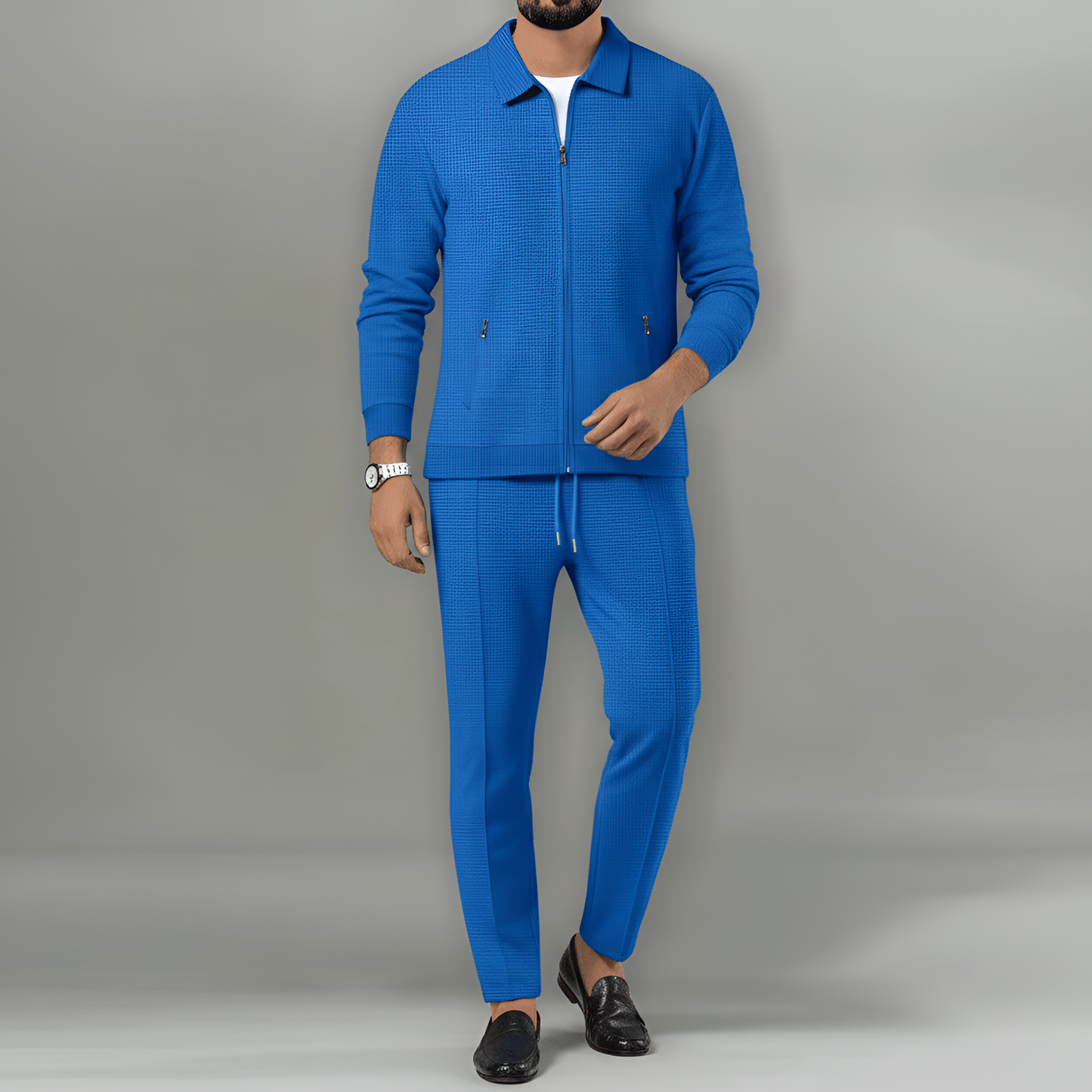 Men's Waffle Knit Tracksuit Jacket and Pants Set