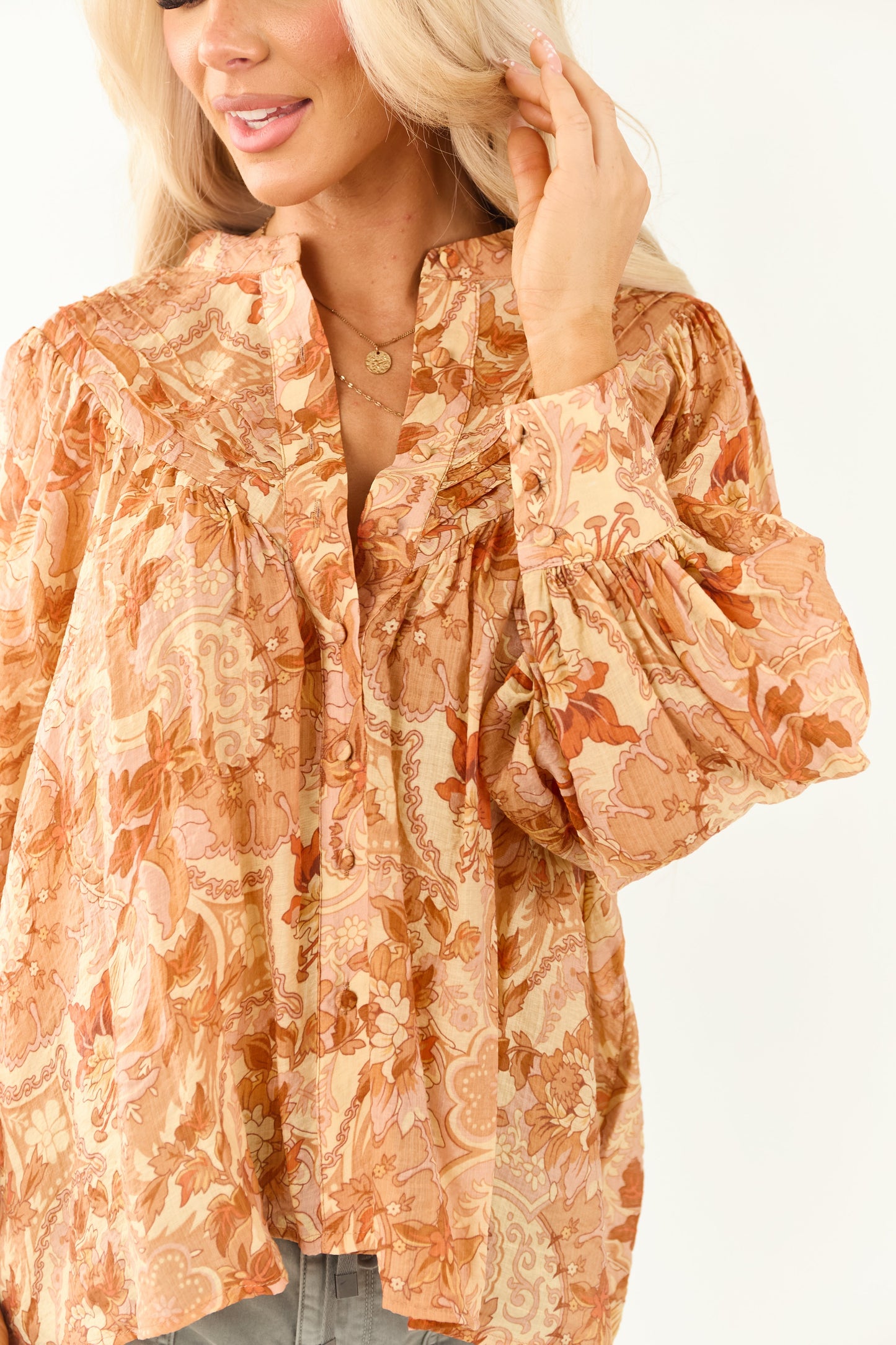 Women's Paisley Blouse Pleated Button-Up Floral