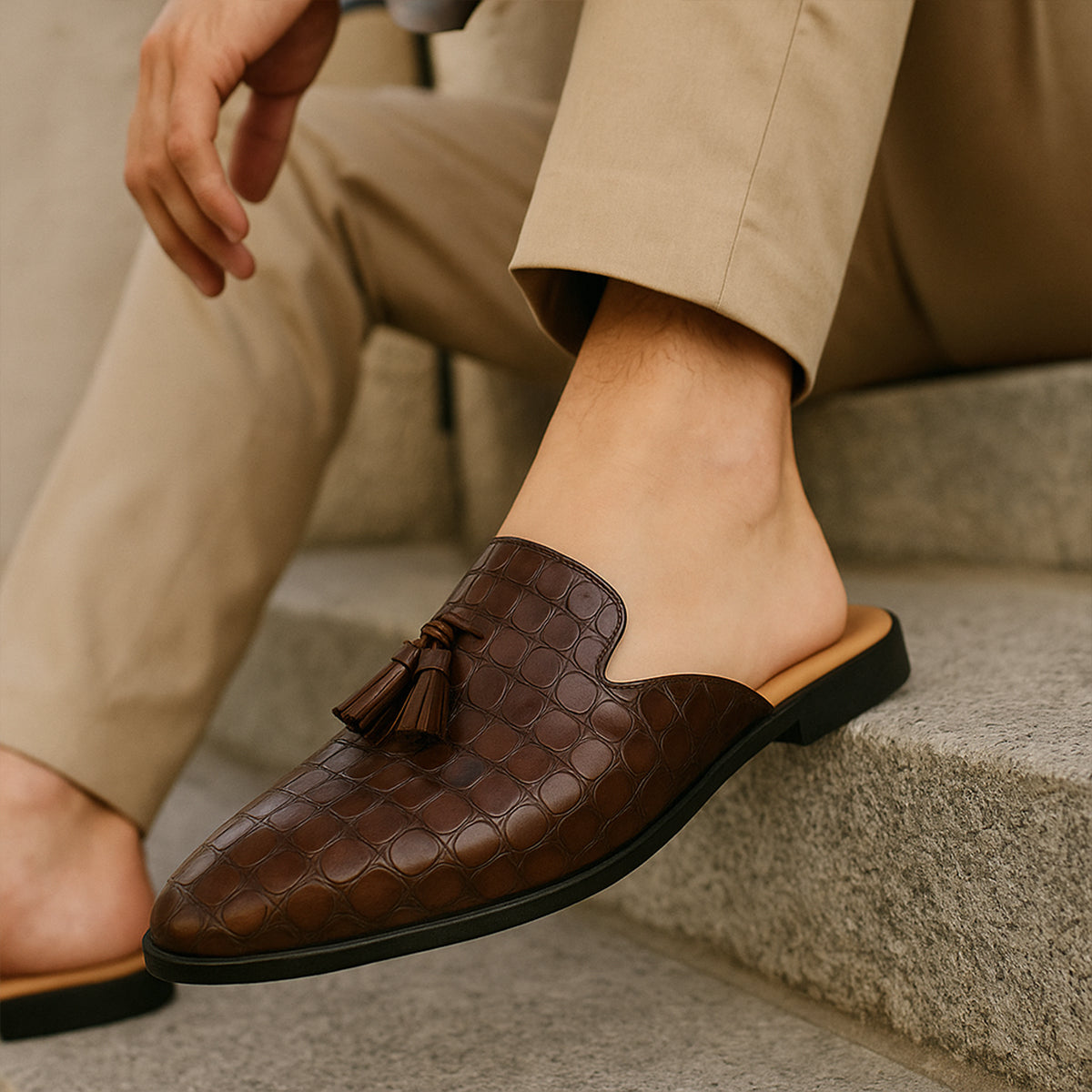 Men's Leather Mule Loafers Slip-On Brown