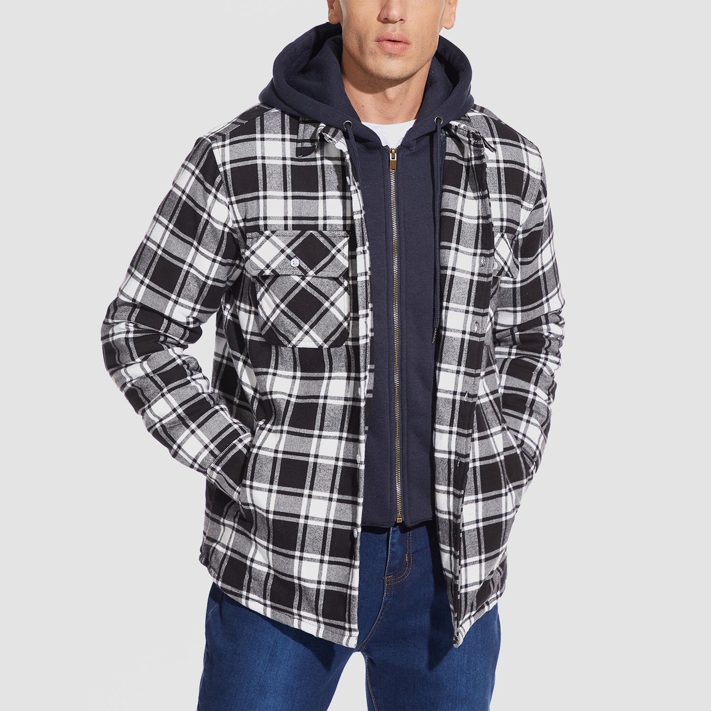 Men's Flannel Jacket Removable Hood 5 Pocket