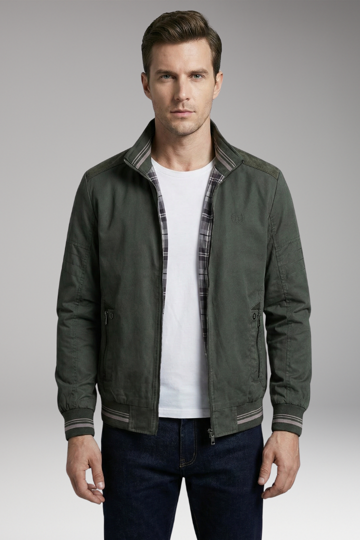 Men's Bomber Jacket Zippered Pockets Stand-Up Collar
