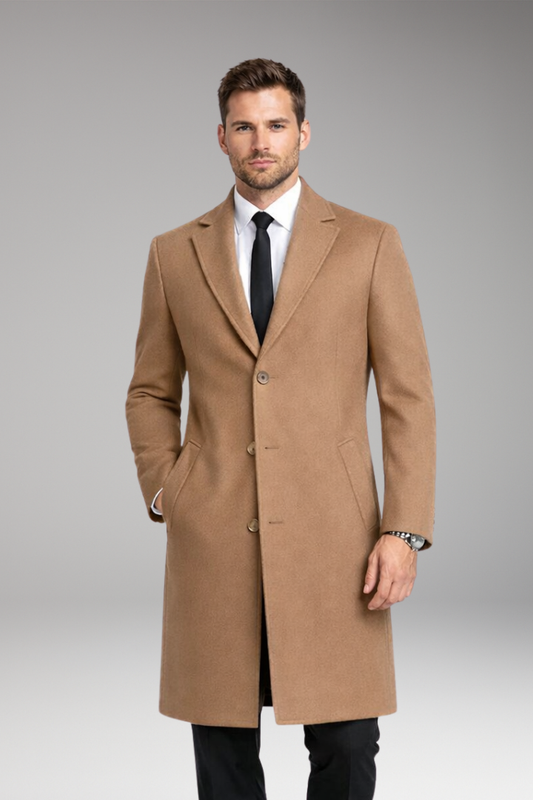 Men's Long Coat Notched Collar Side Pockets