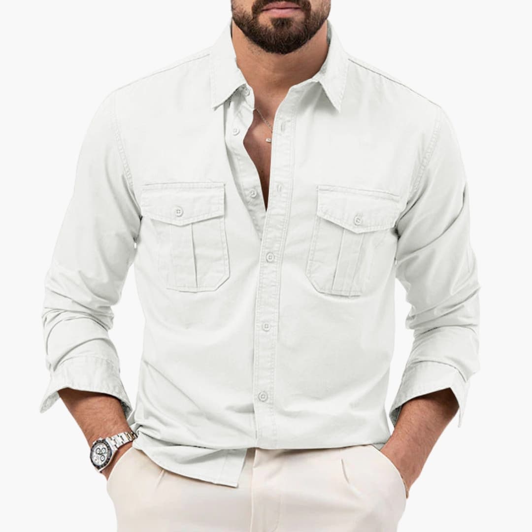 Men's Long Sleeve Button Down Shirt Cotton Two Chest Pockets