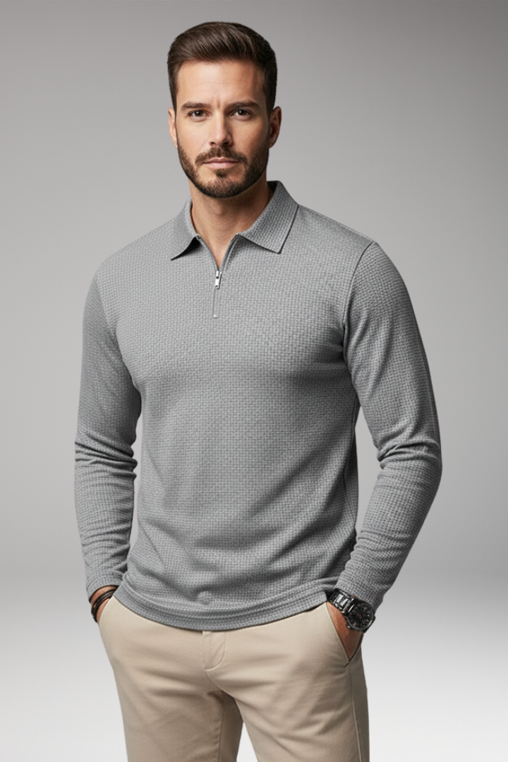 Men's Polo Shirt Long Sleeve Zipper Textured