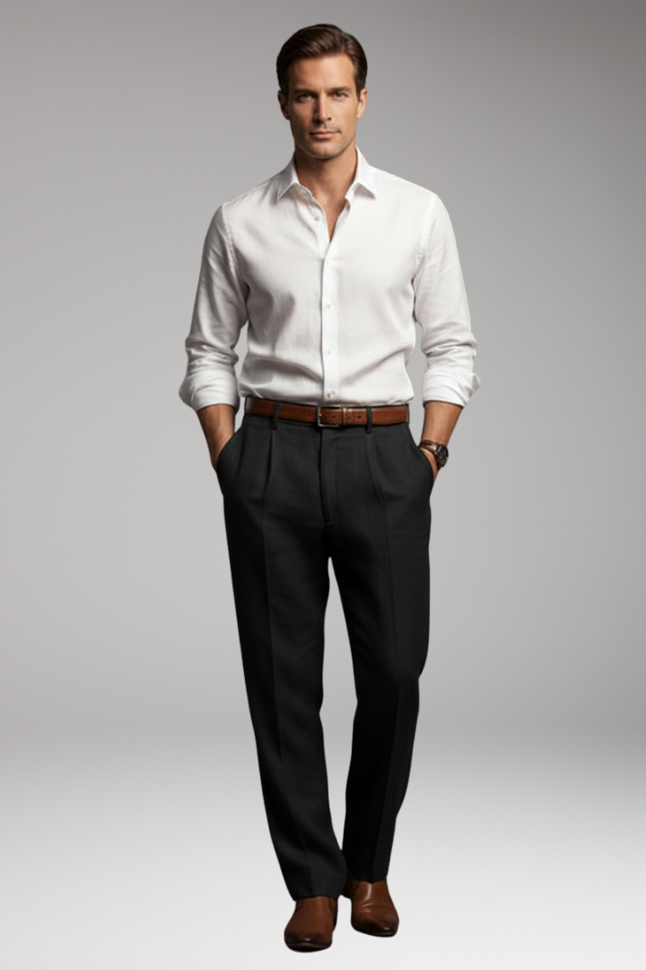 Men's Pleated Elastic Waist Pants Button Closure