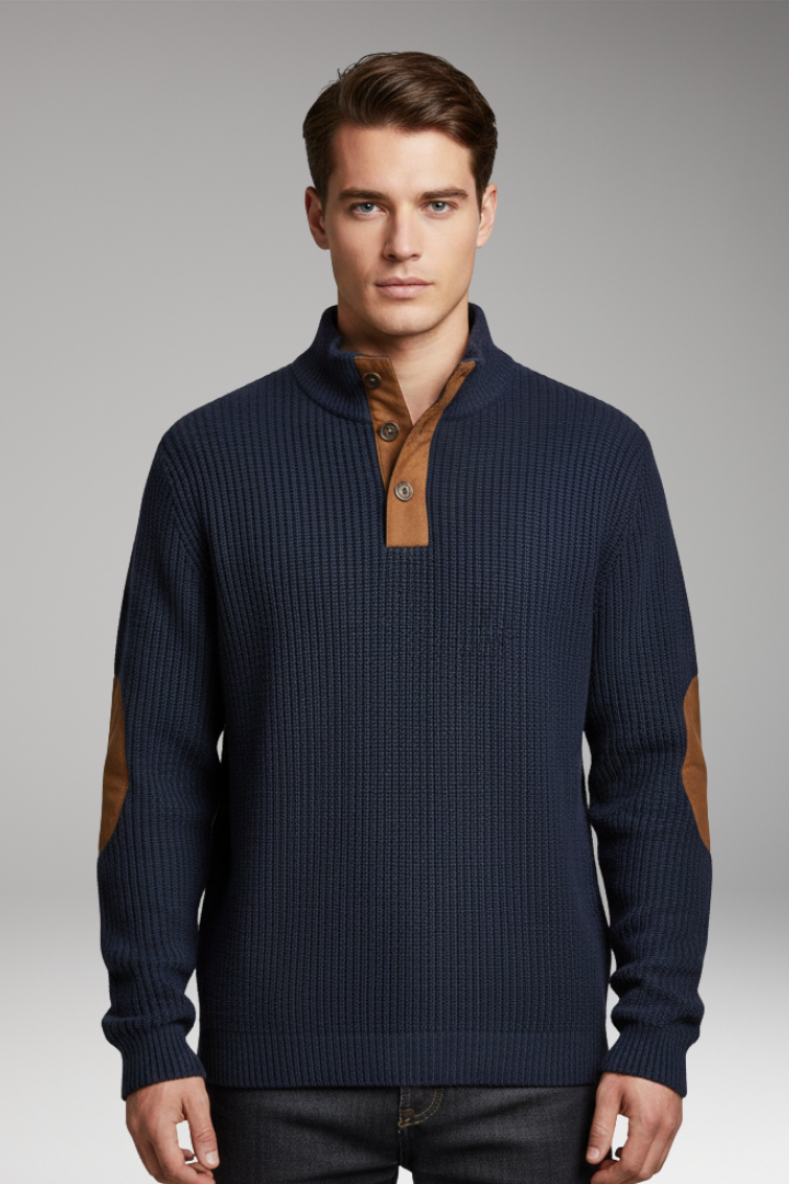 Men's Pullover Sweater Button Neck Elbow Patch Detail