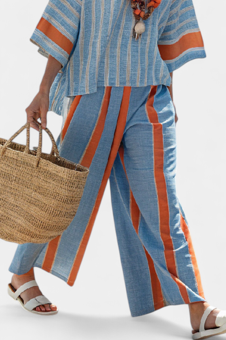 Women's Wide Leg Striped Pants Two Piece Set