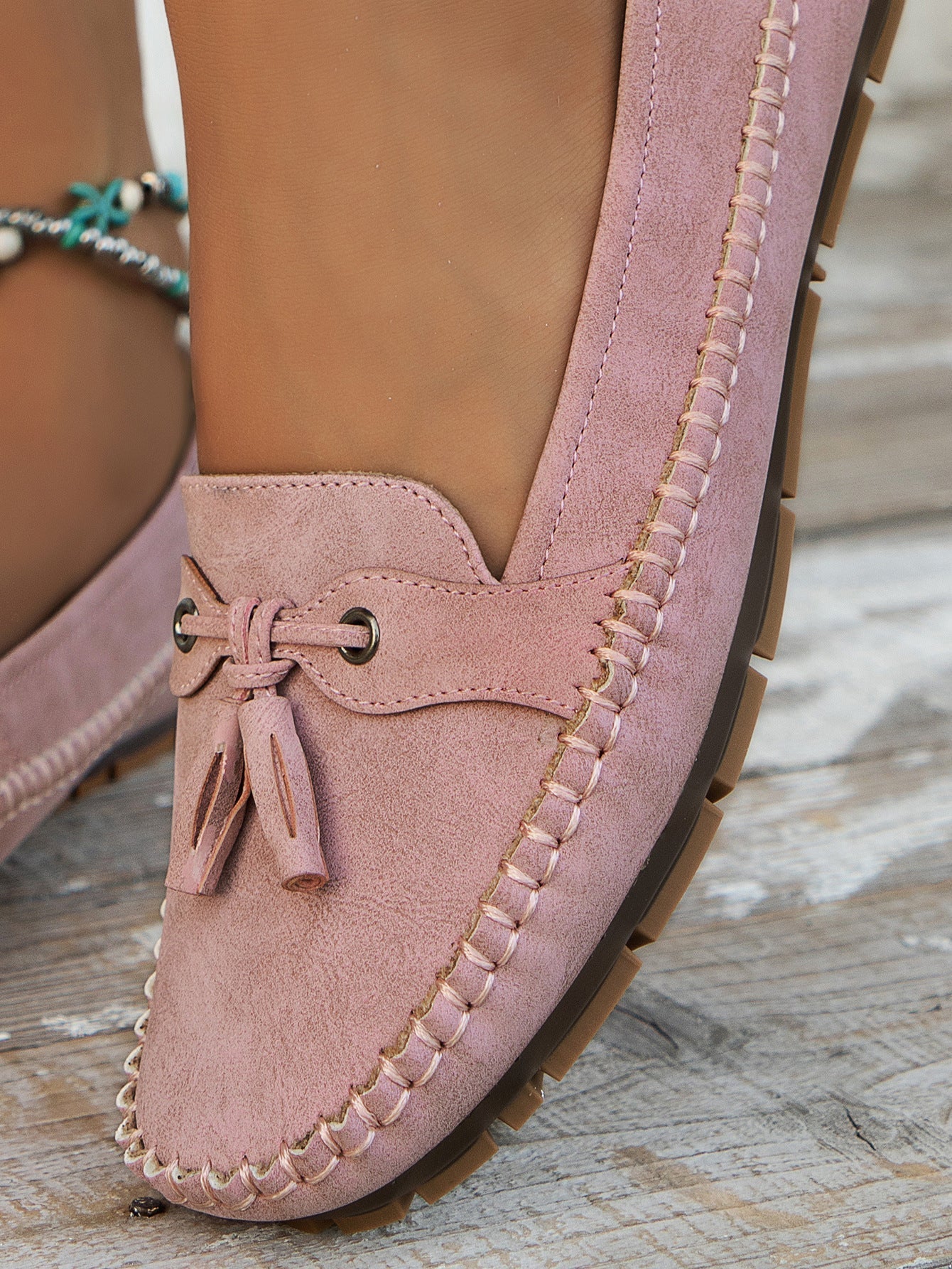 Women's Slip-On Loafers Leather Detail Brown