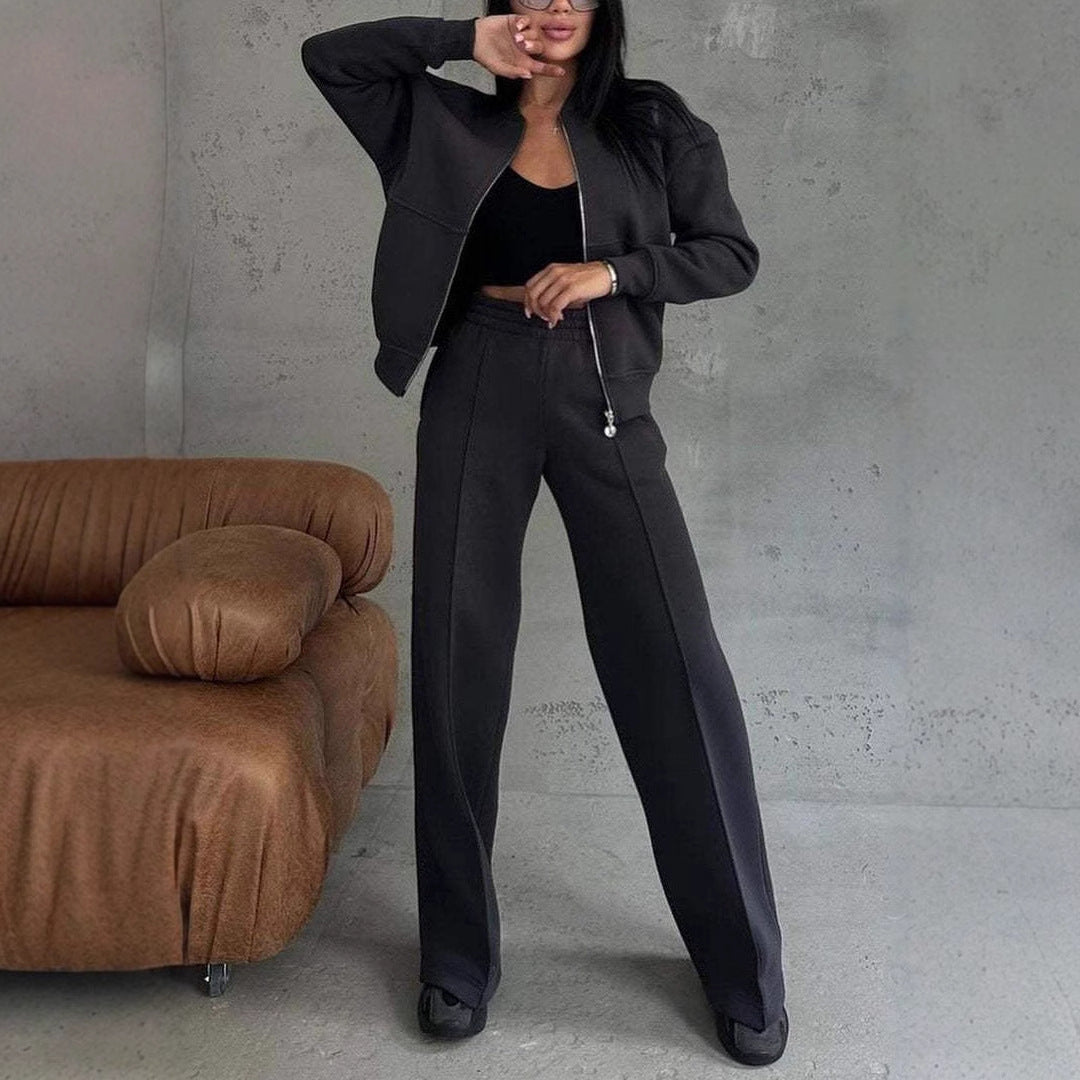 Women's Zipper Jacket Wide Leg Trousers Set