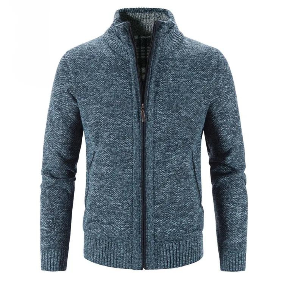 Men's Zip-Up Cardigan Mock Neck Contrast Trim Beige