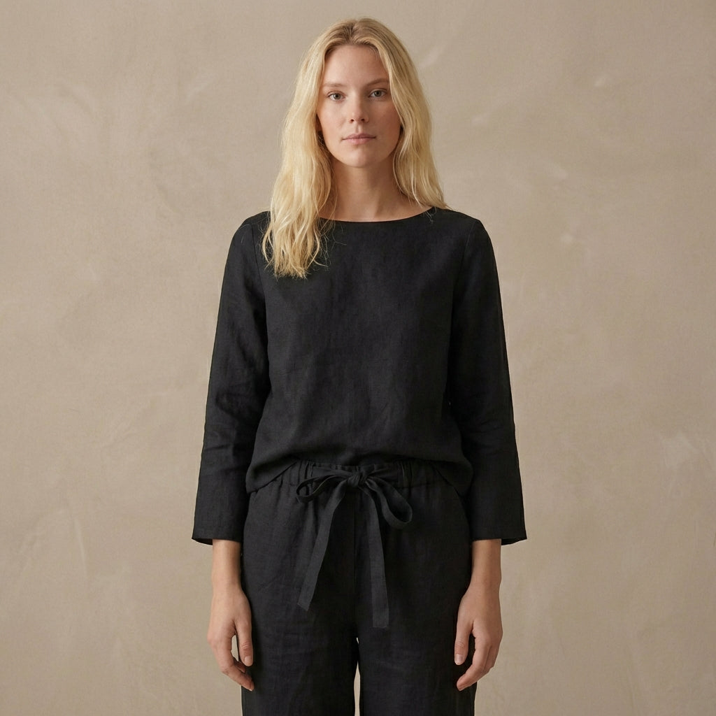 Women's Linen Two Piece Set Boat Neck Blouse Drawstring Pants